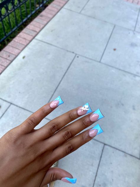 Teal Duck Nails, Teal Blue French Tip Nails, Baby Blue Duck Nails, Light Blue Duck Nails, Duck Shaped Nails, French Duck Nails, Blue Duck Nails, Mini Duck Nails, French Tip Duck Nails