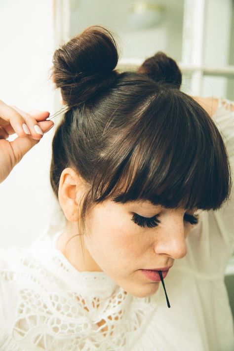 twisted double buns tutorial + come to yoga with me! Bangs With Bun, Two Buns Hairstyle, Double Buns, Sassy Haircuts, Hairstyle Youtube, Short Hair Bun, Hair Bun Tutorial, Gorgeous Hair Color, Asian Short Hair