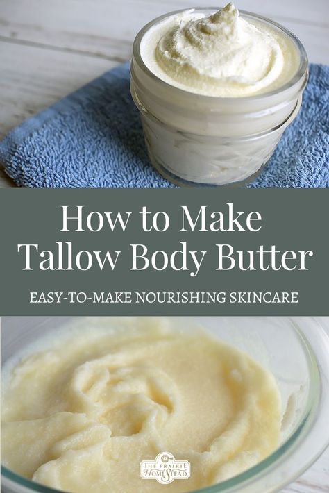 Learn how to make tallow body butter. This DIY item uses a traditional animal fat, tallow, to make a wonderfully nourishing skincare product. Tallow Sugar Scrub Recipe, Tallow Butter Recipe, How To Use Tallow, Tallow And Shea Butter Balm, Tallow Moisturizer Recipe, Whipped Tallow Balm Recipe, Beef Tallow Face Cream Recipe, Diy Tallow Lotion, Diy Tallow Balm