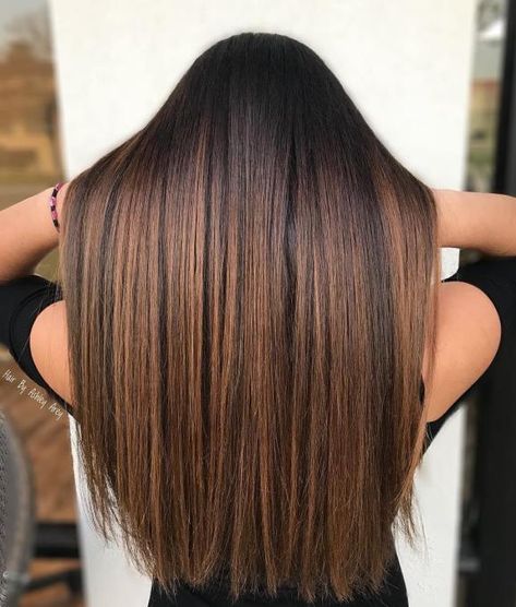 Straight Sleek Brown Balayage Hairstyle Dark Caramel Hair Color, Brunette With Caramel Highlights, Dark Caramel Hair, Caramel Hair Highlights, Balayage Straight, Balayage Straight Hair, Balayage Hairstyle, Brown Straight Hair, Brown Hair With Caramel Highlights