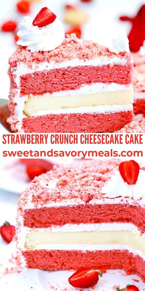 Strawberry And Cheesecake Cake, Cheesecake Layer Cake Recipes, Layer Cake With Cheesecake Layer, Cheesecake Layer For Cake, Crunch Bar Cheesecake, Strawberry Wafer Cheesecake, Speciality Cakes Recipes, Strawberries Crunch Cake, Strawberry Crunch Churro Cheesecake