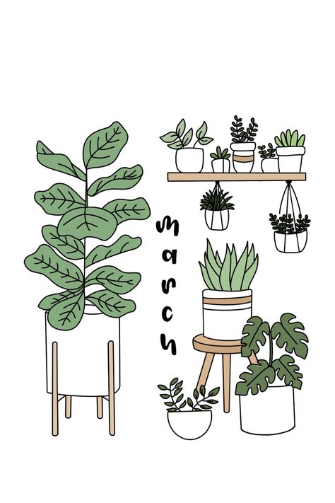 Bujo Plant Doodles, Plant Cartoon Aesthetic, Indoor Plant Illustration, Bujo Plants Theme, Easy To Draw Plants, Plant Bullet Journal Theme, Plant Drawings Aesthetic, Journal Plant Doodles, Aesthetic Plants Drawing