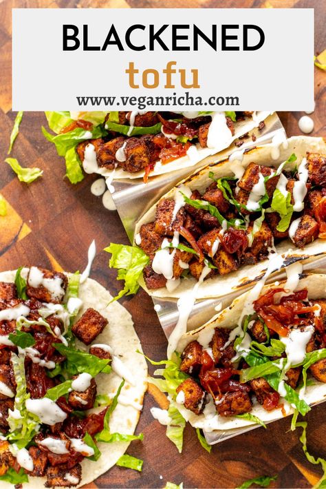 Blackened Tofu Tacos with Caramelized BBQ Onions are packed with delicious flavor and exciting textures! Gluten-free. Bbq Onions, Blackened Tofu, Vegan Burritos, Vegan Tacos Recipes, Tofu Tacos, Vegan Barbecue, Healthy Mexican Recipes, Vegan Richa, Mole Sauce