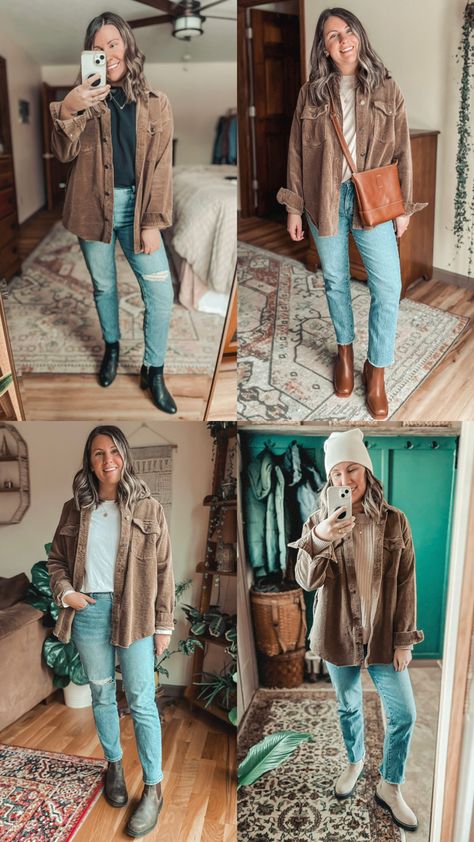 Brown Shacket Outfit Women Fall, Womens Corduroy Shirt Outfit, Brown Corduroy Button Up Outfit, Taupe Corduroy Jacket Outfit, Styling Brown Corduroy Jacket, Rust Corduroy Jacket Outfit, What To Wear With Corduroy Jacket, Dark Brown Shacket Outfit, Corduroy Shaket Jacket Outfit