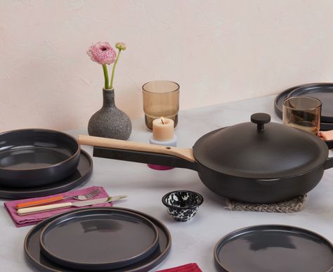 This 17-piece set has everything you need to create and sit down for a home-cooked meal with the people you love. Whip up your favorite meal in the original nonstick Always Pan and then set the table with any (of the many) possible combinations of Full Plates, Midi Plates, Midi Bowls, and Night + Day Glasses. It’s fami Roast A Chicken, Always Pan, Our Place, A Chicken, An Egg, Day For Night, Kitchen Sets, Dinnerware Sets, Dinnerware