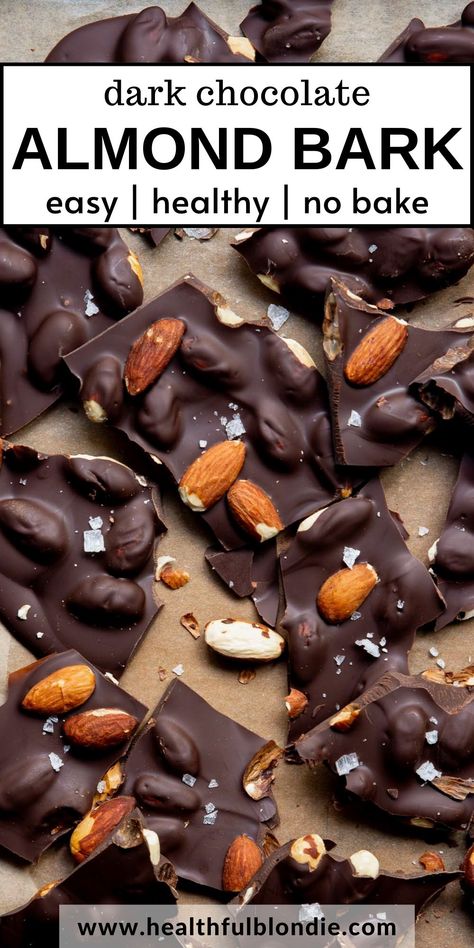 This 3-ingredient dark chocolate almond bark is the best no-bake, healthy treat! It's gluten-free and made with dark chocolate, roasted almonds, and coconut oil. Easily make it vegan too! Almond Covered Chocolate, Dark Chocolate Nut Clusters Healthy, Dark Chocolate Sweets, Almond Chocolate Bark, Diy Chocolate Covered Almonds, Chocolate Bark Flavors, Healthy Chocolate Nut Clusters, Chocolate Bark Healthy, Dark Chocolate Covered Almonds