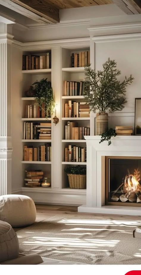 Built In Bookcases In Living Room, Beautiful Built Ins Living Room, Fireplace Mantel Bookcase, Tv Wall Studio Mcgee, Study Room With Fireplace, Fireplace Interior Wall, Bookcase Over Fireplace, Traditional Built In Bookshelves, Bookcases By Fireplace