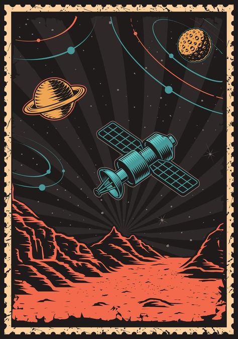 Satellite Aesthetic, Vintage Space Aesthetic, Retro Space Aesthetic, Mars Illustration, Satellite Poster, Retro Design Graphic, Astronomy Illustration, Grid Design Layout, Satellite Art