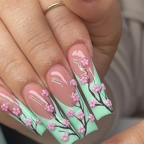 Green Tea Nails, Cherry Blossom Nails, Nails Yellow, Tree Nails, Summery Nails, Pretty Gel Nails, Unique Acrylic Nails, Luxury Nails, Fire Nails