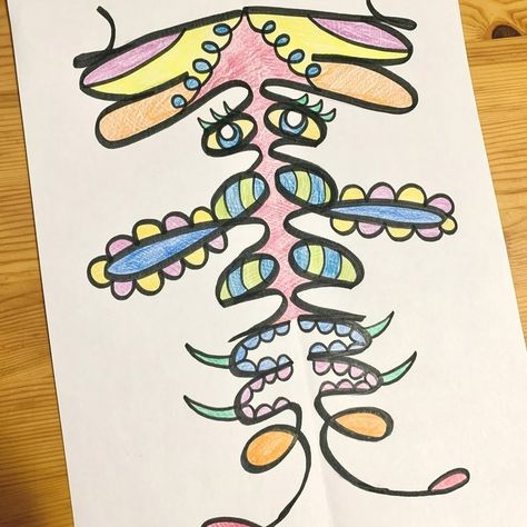 Cursive Creatures Name Symmetry Art Project — Mme Marissa Alien Art Project, Art Curriculum Elementary, Name Art Projects, Name In Cursive, A Cursive, Name Drawings, Crayon Crafts, Middle School Art Projects, Printed Letters