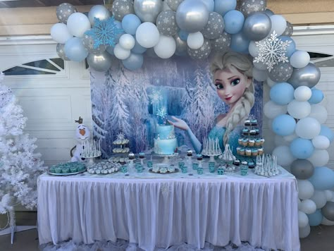 Frozen themed birthday dessert table Frozen Theme Party Decorations, Frozen Birthday Decorations, Frozen 3rd Birthday, Frozen Birthday Party Cake, Frozen Themed Birthday Cake, Frozen Birthday Party Decorations, Elsa Birthday Party, Frozen Decorations, Frozen Bday Party