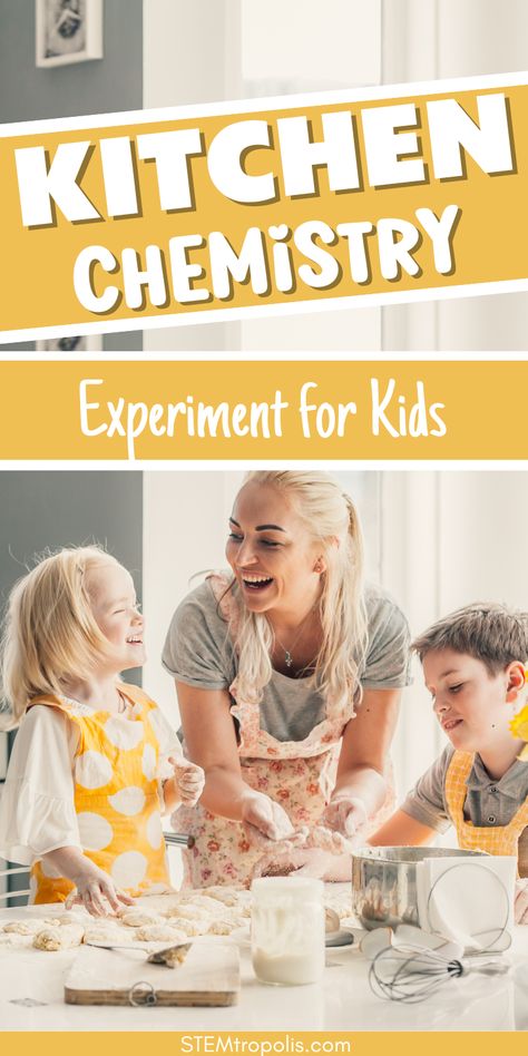 Transforming your kitchen into a chemistry lab is a fantastic way to engage kids with science in a fun, hands-on way. Try these kitchen science activities the next time you need a quick STEM activity.  These experiments use simple ingredients found in most kitchens to explore basic chemistry concepts.  Click to find kids activities, STEM challenges, STEAM projects and science experiments at STEMtropolis.com Chemistry Stem Activities, Kitchen Chemistry For Kids, Stem Chemistry, Chemistry Concepts, Chemistry Experiments For Kids, Basic Chemistry, Kitchen Chemistry, Kitchen Science Experiments, Chemistry For Kids