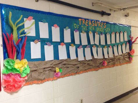 Ocean/reef themed work bulletin board with fish, pool noodle coral and coffee filter coral Classroom Ocean Theme, Coffee Filter Coral, Diy Coral Reef, Pool Noodle Coral, Work Bulletin Board, Ocean Bulletin Board, Diy Coral, Cute Sea Creatures, Nautical Classroom