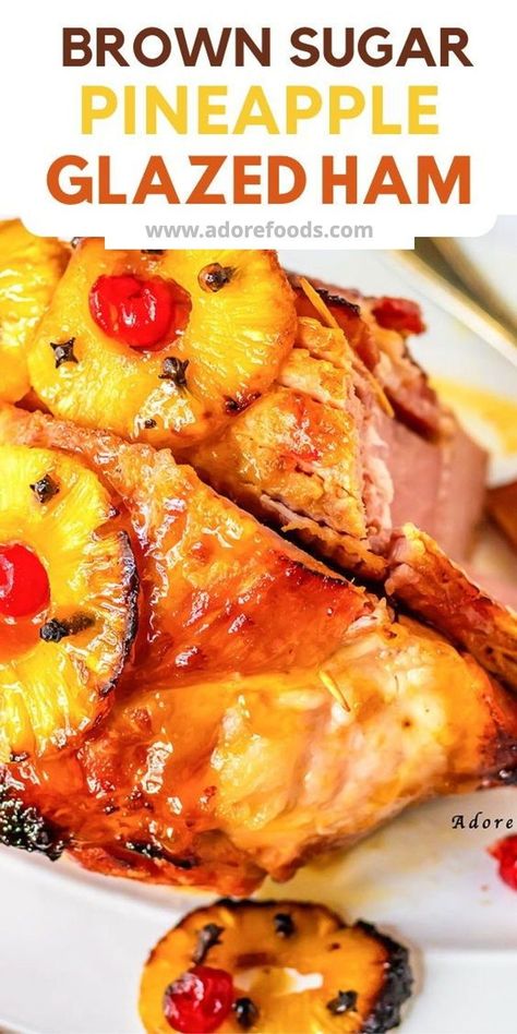 This old-fashioned Southern Baked Ham with Pineapple is baked and drizzled with a honey and brown sugar glaze and topped with cherries. Serve this holiday ham for Thanksgiving, Christmas, Easter #pineapplehoneyglazedham #bestglazedham #brownsugarpineappleglazedham #Christmasham Ham For Thanksgiving, Pineapple Honey Glazed Ham, Pineapple Glazed Ham, Easy Ham Recipes, Ham With Pineapple, Baked Ham With Pineapple, Brown Sugar Pineapple, Precooked Ham, Thanksgiving Ham