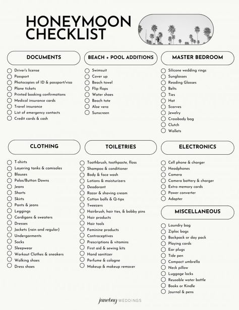 Honeymoon Planning Checklist, Honeymoon Checklist, Honeymoon Activities, Honeymoon Packing List, Honeymoon Bag, Honeymoon Packing, Honeymoon Essentials, Honeymoon Tips, Dream Honeymoon