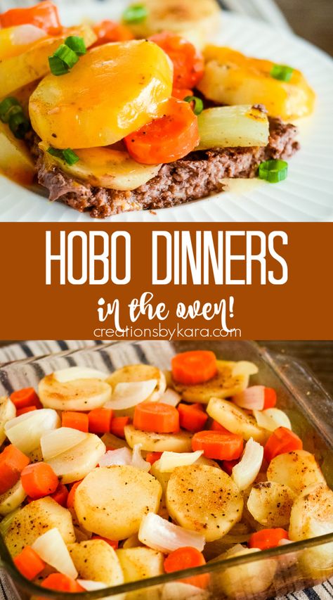 This one-pan HOBO DINNER in the oven is the perfect solution for busy weeknights. With just a few ingredients and one dish to clean, you can have a complete meal! #hobodinner @Creations by Kara Oven Hobo Dinner, Hobos In The Oven, Hobo Dinner Casserole, Hobo Dinners In The Oven, Hobo Dinner Recipes, Hobo Dinner, Hobo Dinners, Comfort Recipes, Fast Easy Dinner