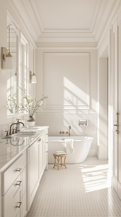 Neutral Bathroom Decor Ideas Mirror To Ceiling In Bathroom, Master Coastal Bathroom, Urban Grace Interiors Bathroom, Master Bath Ideas Timeless, Cream Wainscoting Bathroom, Fawn Beige Bathroom, Elegant Wallpaper Bathroom, Timeless Neutral Bathroom, Neutral Toned Bathroom