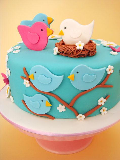 butter hearts sugar: Nesting Birds Baby Shower Cake and Cookies Rodjendanske Torte, Bird Baby Shower, Decoration Patisserie, Spring Cake, Bird Cakes, Novelty Cakes, Easter Cakes, Fancy Cakes, Food Cakes