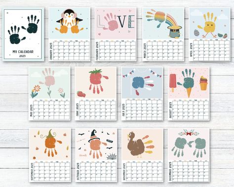 Month Handprint Art, Handprint Art Calendar, Monthly Handprint Calendar, Hand Print Calendar Ideas, Monthly Handprint Art, Matilda Crafts, Diy Calendar For Kids, Handprint Gifts For Grandparents, Handprint Calendar Preschool