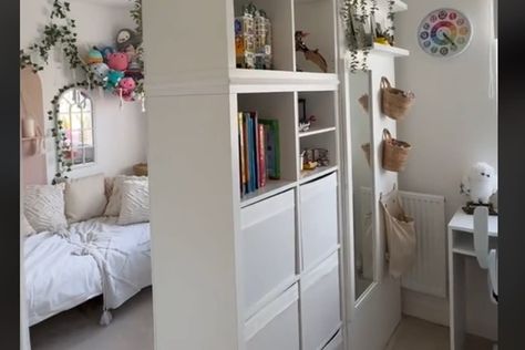 Epic IKEA Kallax Hack Turns Kid's Bedroom Into Two Separate Spaces Kallax As A Room Divider, Ikea Shared Room, Ikea Kallax As Room Divider, Kallax Ikea Ideas Bedrooms, Room Divider Ideas Bedroom Kids, Ikea Kallax Room Divider, Kallax Hack Kids, Kallax Room Divider Ideas, Kallax Room Divider