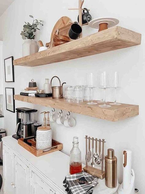 Diy Bar Shelf Ideas, Bar Shelf Ideas, Home Gel Nails, Floating Kitchen Shelves, Kitchen Floating Shelves, Dining Room Shelves, Home Drawing, Drawing Home, Kitchen Shelf Decor