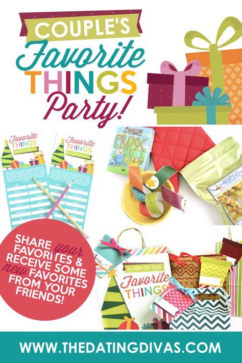 I LOVE a good favorite things party! This one will be perfect for my next Christmas party. Group date party! #FavoriteThingsParty #ChristmasFavoriteThings #DatingDivas Favorite Things Gift Exchange, Diy Projects For Couples, Couples Games, Dates Ideas, Date Night Ideas For Married Couples, Newlywed Game, Gift Exchange Games, Adult Christmas Party, Favorite Things Party