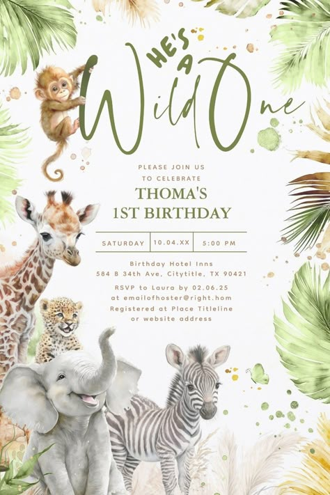 He's a Wild One Jungle Safari Animals Birthday Party Invitations for Boys Birthday Party Zoo Theme, Wild One Aesthetic, Zoo Animal First Birthday Party, Zoo Party Invitations, Safari Theme Birthday Invitations, Jungle Theme Birthday Invite, Jungle Theme Birthday Party Invitations, Party Animal Birthday Theme Invitations, Jungle Themed 1st Birthday