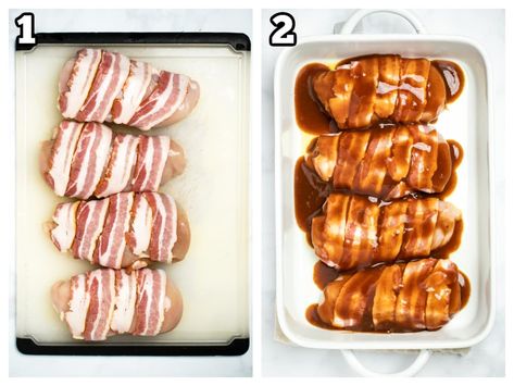 BBQ Bacon Wrapped Chicken Breasts will be one of your new favorite chicken dinners, made with juicy chicken breast wrapped in savory bacon and smothered in your favorite BBQ sauce, ready in under an hour! Chicken Bacon Bbq Recipes, Oven Bbq Chicken Breast, Bbq Bacon Chicken, Bacon Wrapped Bbq Chicken, Oven Bbq Chicken, Bacon Wrapped Chicken Breast, Juicy Chicken Breast, Bbq Chicken Wraps, Savory Bacon