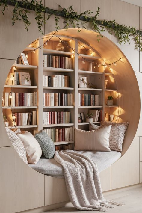 Create a dreamy reading nook with a circular wooden bookshelf alcove. Featuring minimalistic design, plush seating, warm fairy lights, and natural greenery, this inviting space is perfect for book lovers. #ReadingNook #CozyCorners #ModernMinimalism #BookshelfDesign #FairyLights #HomeLibrary #WhimsicalSpaces #InteriorInspiration #RusticModern #GreeneryDecor Colorful Reading Corner, Bedroom Ideas With Reading Corner, Reading Nook Corner Living Room, Library Nook Home, Cozy Book Nooks, Book Nook In Closet, Cozy Nooks Ideas, Bookshelf Corner Ideas, Bookshelf Alcove