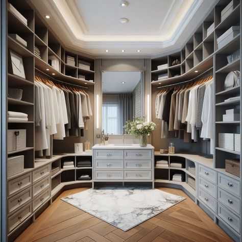 11 Walk-In Closet Design Ideas With Vanity For Your Master Suite - My Besuited Home Modern Rustic Walk In Closet, Vanity In Closet Walk In, Walk In Closet Design Layout Master Suite, Master Closet Design With Island, Walkin Closet Ideas Master Suite, Master Closet With Vanity, Closet With Vanity Built In, Master Closet Design Walk In Layout, Closet Plans Layout