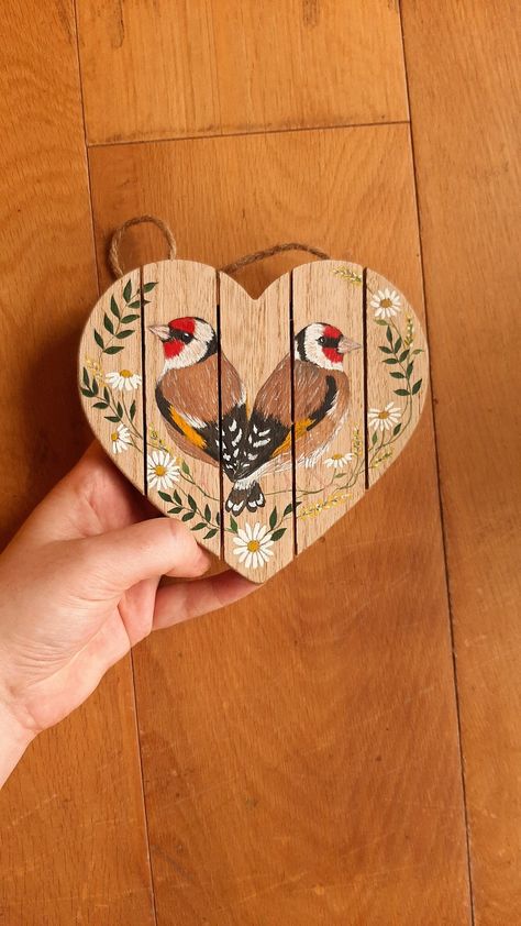 Heart Wood Painting, Cottagecore Wall Decor, Prophetic Painting, Wall Decor Garden, International Christmas, Aesthetic Cottage, Wooden Decoration, Garden Birds, Painted Hearts