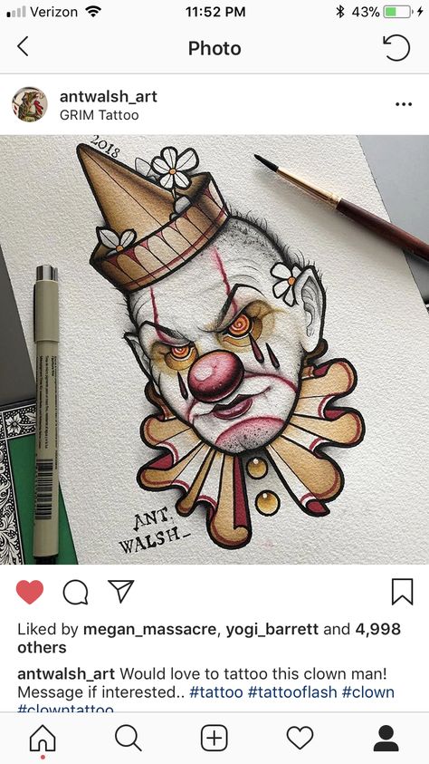 Ringmaster Tattoo, Traditional Clown Tattoo, Clown Tattoo Design, Black Skull Tattoo, Graffiti Wildstyle, Joker Drawings, Geometric Sleeve Tattoo, Clown Tattoo, Arte Cholo