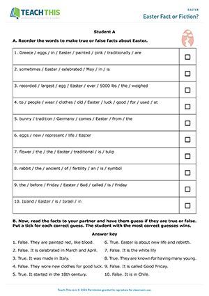 Easter Crossword, Easter Quiz, False Facts, Speaking Activity, Fact Or Fiction, Partner Reading, Easter Activity, Guess The Word, Esl Activities