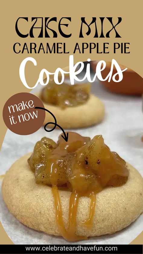 apple pie cookie with caramel sauce drizzled on it Caramel Apple Cake Mix Cookies, Apple Pie Cake Mix Cookies, Apple Filled Cookies, Carmel Apple Cookie Recipes Easy, Fall Cake Mix Cookies, Apple Pie Cookies Recipe, Caramel Apple Pie Cookies, Pie Cookies Recipe, Apple Pie Cookie Recipe