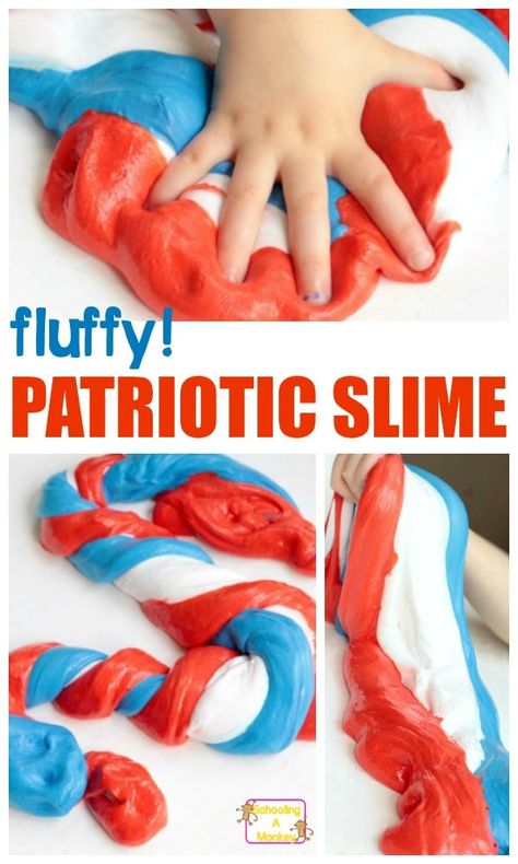 Love slime? You'll love this patriotic and fluffy twist on regular patriotic slime! Red white and blue slime is a fun slime recipe! Fourth Of July Slime, Presidents Day Crafts For Kids, Best Fluffy Slime Recipe, Fun Slime, Fourth Of July Crafts For Kids, Fluffy Slime Recipe, Making Fluffy Slime, Monkey Crafts, Slime Recipes