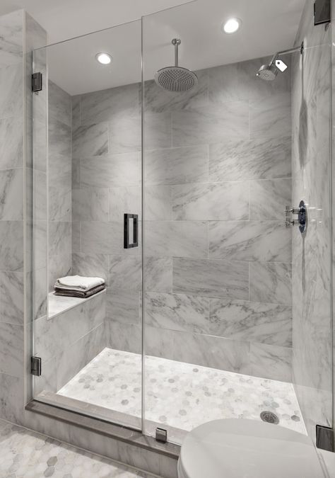 Grey and white marble shower surround, hexagonal tile floor Pinterest Bathroom, Gray Bathroom Ideas, Gray Shower Tile, White Subway Tile Bathroom, Grey Bathrooms Designs, White Bathroom Tiles, Gray Bathroom, Grey Bathroom, Bathroom Shower Tile