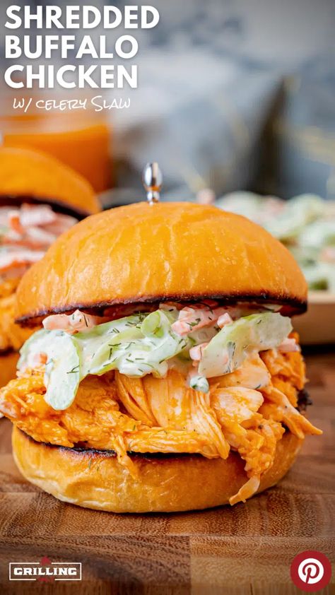 Celery Slaw, Buffalo Chicken Burgers, Shredded Chicken Sandwiches, Shredded Buffalo Chicken, Pulled Chicken Sandwiches, Buffalo Chicken Sliders, Buffalo Chicken Sandwiches, Easy Grilling Recipes, Food Blogging