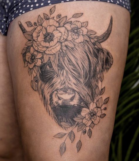 Cow And Flower Tattoo, Fluffy Cow Tattoo, Cuddle Tattoo, Highland Cow Tattoo With Flowers, Front Thigh Tattoos Women, Storm Tattoos, Cow Tattoo Ideas, Cow Tattoos, Highland Cow Tattoo