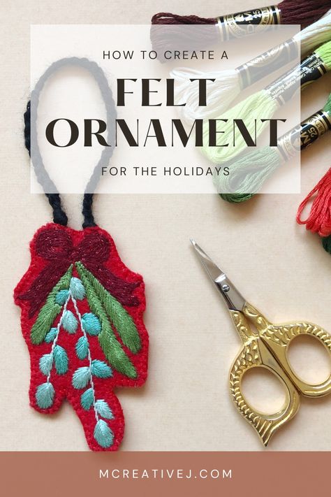 Learn how to create a simple embroidered felt ornament to hang on your tree this holiday season. MCreativeJ offers a step by step tutorial to help you make it happen. Embroidered Felt, Felt Ornament, Dmc Thread, Embroidery Ideas, Satin Stitch, Handmade Ornaments, Felt Ornaments, Hoop Art, Make It Happen