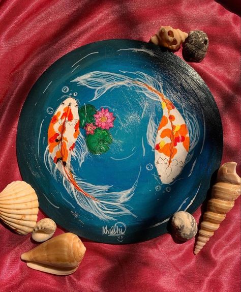 Circular Canvas Painting, Circular Canvas, Koi Painting, Pond Painting, Gold Art Painting, Circle Canvas, Circle Painting, Pottery Painting Designs, Art Painting Gallery