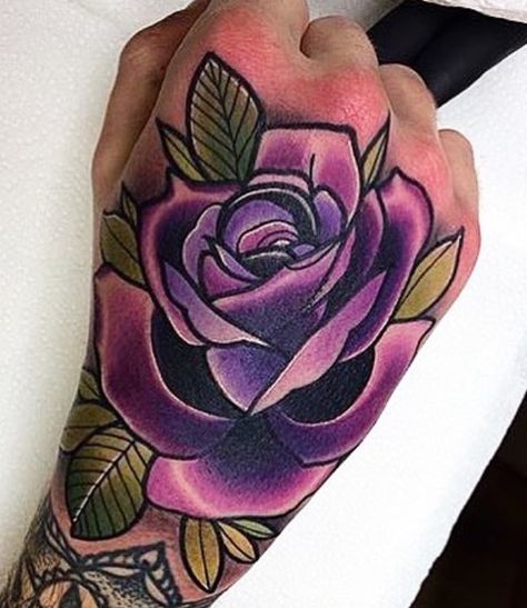 Purple flower hand tattoo Rose Hand Tattoo Color, Flower Tattoo Men, Purple Flower Tattoo, Purple Flower Tattoos, Purple Rose Tattoos, Purple Tattoos, Rose Hand Tattoo, Rose Tattoos For Men, Forarm Tattoos