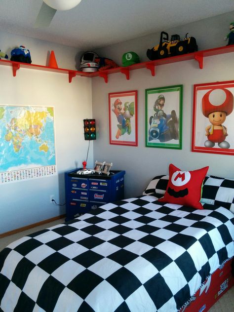 Mario Brothers Themed Bedroom Modern Mario Bedroom, Mario Room Decor Diy, Mario Sonic Bedroom, Sonic And Mario Bedroom, Mario Brothers Room Ideas, Mario Kart Bedroom Ideas, Nintendo Themed Bedroom, Super Mario Themed Bedroom, Mario Theme Room