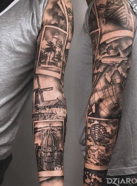 Realism Travel Tattoo, Travel Tattoo Sleeves, Travel Tattoo Half Sleeve Women, Travel Inspired Tattoos Men, Traveller Tattoo Men, Life Journey Tattoo Sleeve, Poloroid Pictures Tattoo Ideas, Nature Themed Sleeve Tattoo Men, Tattoo Sleeve Collage