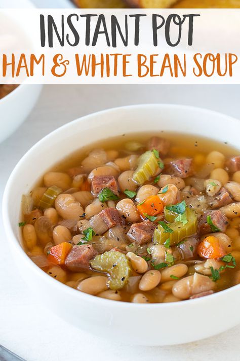 Instant Pot Ham and White Bean Soup – This hearty and flavorful soup is loaded with ham, white beans, veggies and seasonings. No soaking is required for the beans – An easy, effortless and delicious dinner prepared in your pressure cooker! Instant Pot Ham And White Bean Soup, Instant Pot Ham And Beans No Soak, White Beans And Ham Instant Pot, Instant Pot Bean Soup No Soak, Meditterean Recipes, White Bean Ham Soup, Ham And White Bean Soup, Diet Soups, Instant Pot Beans Recipe