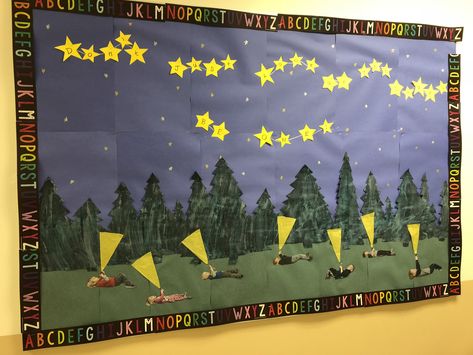 Day And Night Bulletin Board Ideas, Light And Dark Bulletin Board Ideas, Firework Bulletin Board, Star Themed Bulletin Boards, Constellation Bulletin Board, The Sky Is The Limit Bulletin Board, Moon Bulletin Board Ideas, Spring Bulletin Boards Preschool, Ocean Biome