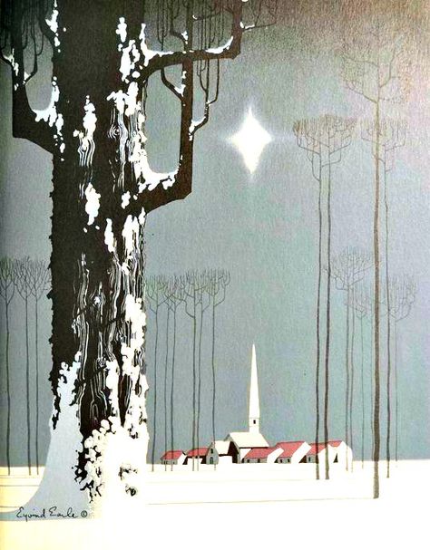 vintage Christmas retro MCM Eyvind Earle artist, church, houses, tree, star Evynd Earle, Christmas Games Ideas, Modern Vintage Christmas, Eyvind Earle, Bg Design, Tree Star, Games Ideas, Vintage Christmas Card, Winter Art