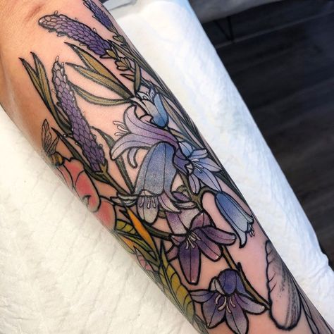 #Tattoos, Neo Traditional Floral Tattoo Sleeve, Color Patchwork Tattoo, Mums Tattoo, Tattoo Lavender, Corazon Tattoo, Lavender Tattoos, Purple Flower Tattoos, Violet Tattoo, Purple Tattoos