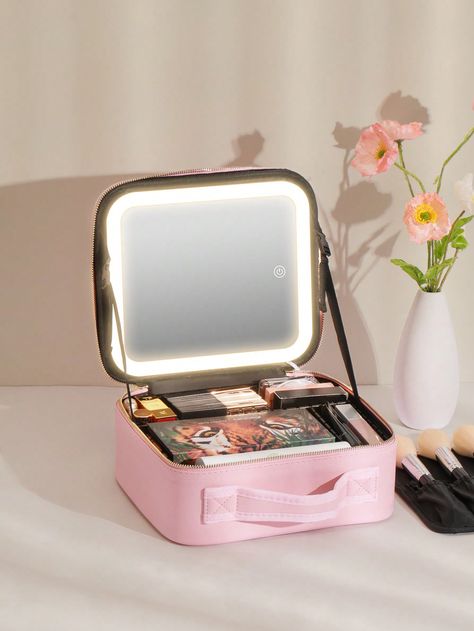 Makeup Bag With Light Up Mirror Travel Cosmetic Case Box - 3 Color LED Lighted Mirror With Adjustable Brightness - Waterproof Leather - Adjustable Dividers - Brush Organizer PU LeatherI discovered amazing products on SHEIN.com, come check them out! Professional Makeup Bag, Makeup Storage Bag, Makeup Travel Case, Professional Bag, Small Makeup, Cosmetic Organizer, Makeup Bags Travel, Cosmetic Storage, Makeup Pouch