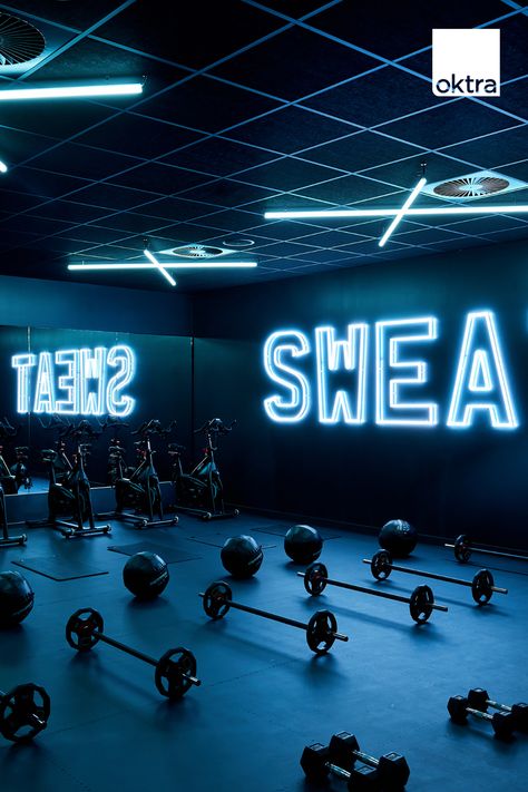 Don't sweat the small stuff! 💦 Gymshark's personalised gym in the best in Europe! Where style meets authenticity. #Gymshark #Sportswear #Fitness #Gymdesign Cycle Studio Design Ideas, Colorful Gym Aesthetic, Gymshark Event, Gym Facade, Black Gym Interior, Small Gym Design, Fitness Branding Design, Spinning Studio, Gym Branding