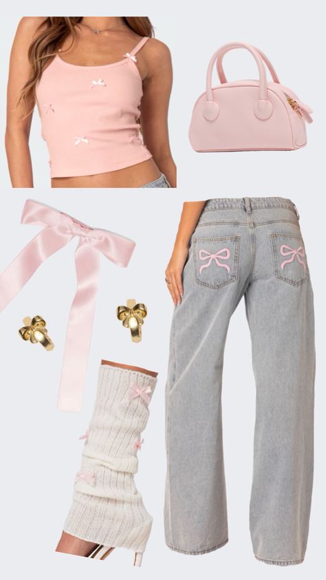 pink bow outfit 🎀 [all items from Edikted] #coquette #pinkbows #outfit #fashion #itgirl Pink Bow Outfit, Pink Bow Top, Outfit Ideas Pink, Bow Pants, Bow Outfit, Bow Jeans, Top With Jeans, Stockholm Style, Aesthetic Outfit Ideas